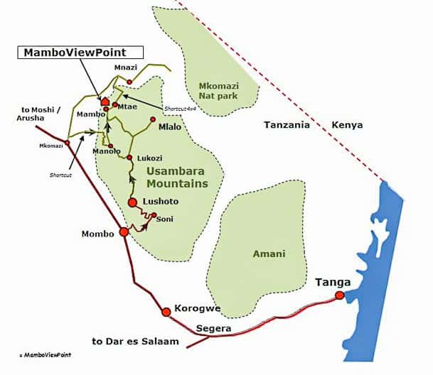 Kaart met de weg naar Mambo Viewpoint