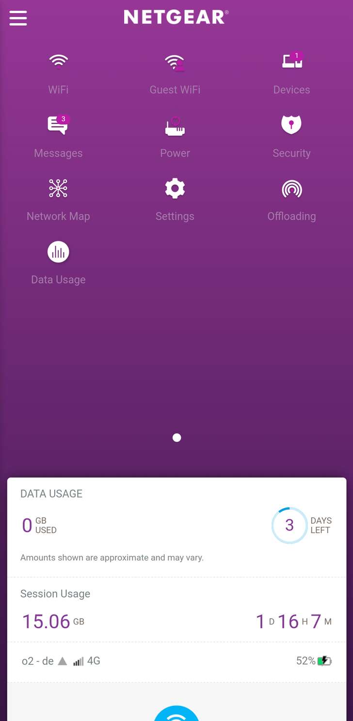 Het dashboard van de Netgear app. Met deze app kan de mobiele modem makkelijk bediend worden.