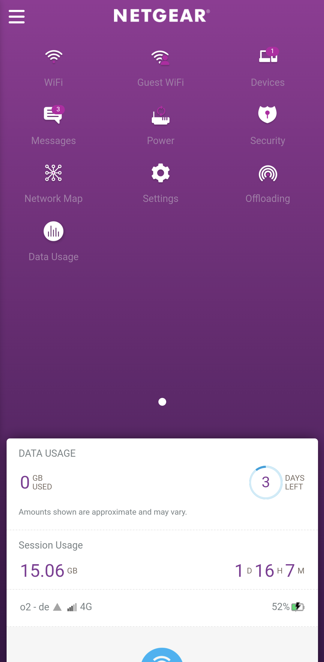 Het dashboard van de Netgear app. Met deze app kan de mobiele modem makkelijk bediend worden.
