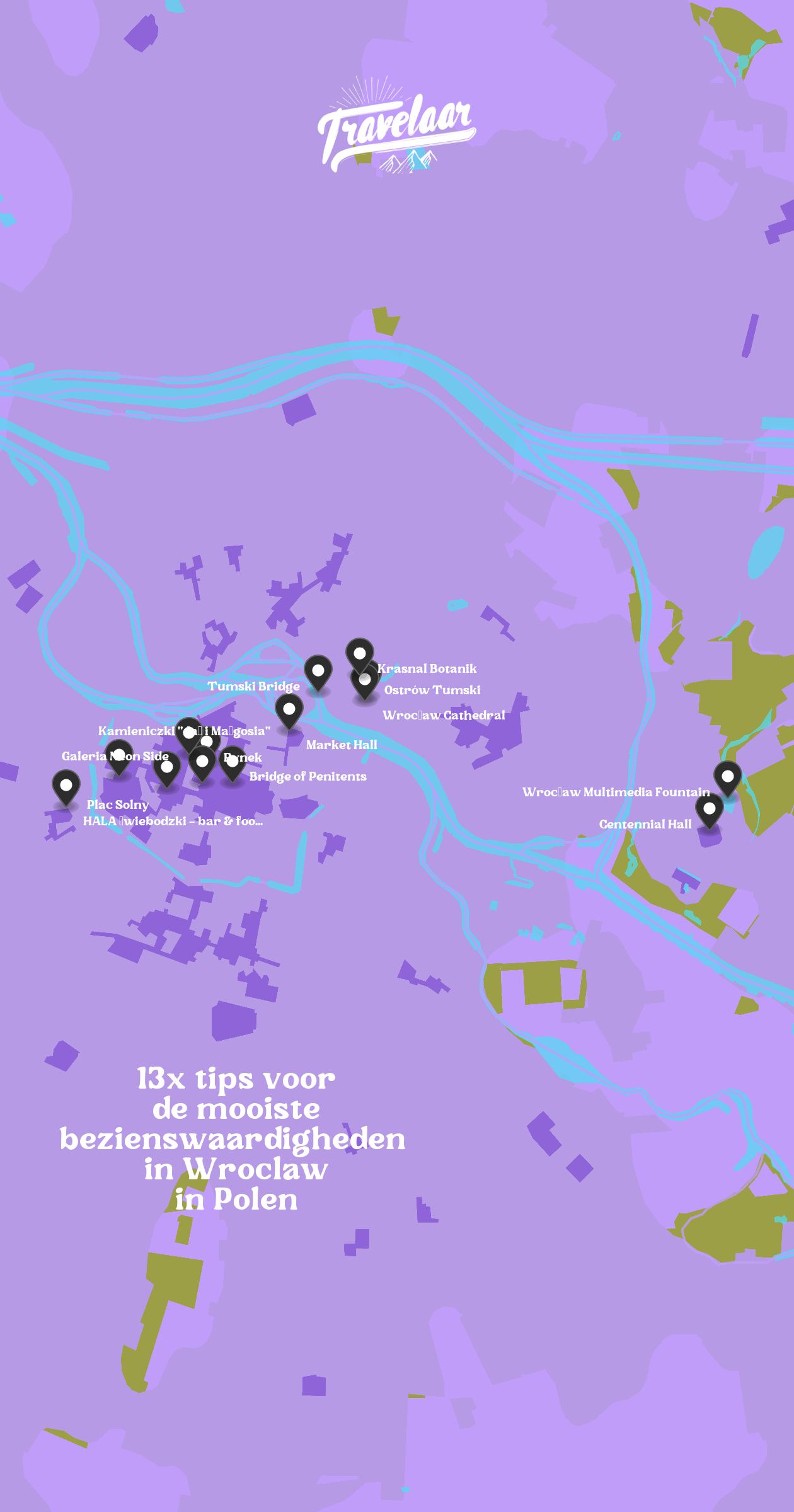 Map of Wroclaw with 14 locations